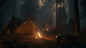 AI generated a tent in the forest with fire and firewood photo