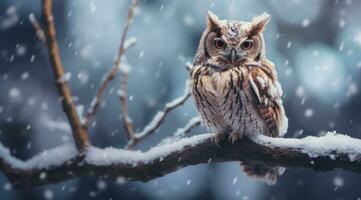 ai generado un marrón búho sentado en un árbol rama en un Nevado atmósfera foto