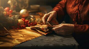AI generated an old woman wrapping a christmas present photo