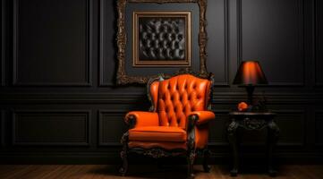 AI generated an orange leather chair and an orange frame near shabby chic wallpaper photo