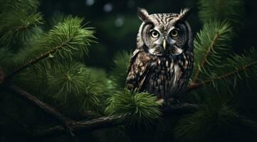 AI generated an owl sits on the branch of some pines photo