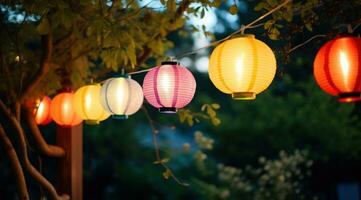 AI generated colorful paper lanterns hanged in trees photo