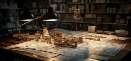 AI generated an architectural model and blueprints on a table with papers photo