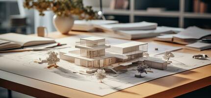 AI generated architecture models and paper on the desk photo