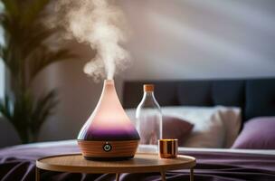AI generated essential oil diffuser steam steam bed in bedroom photo