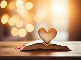 ai generado un alegre San Valentín día libro con corazón forma en el medio en parte superior de un de madera mesa foto