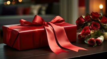 AI generated a hand opens a gift wrapping paper wrapped in red ribbon photo