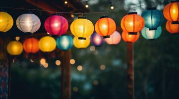 AI generated colorful paper lanterns hanged in trees photo