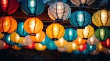 AI generated colorful paper lanterns hanged in trees photo