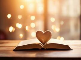 ai generado un alegre San Valentín día libro con corazón forma en el medio en parte superior de un de madera mesa foto