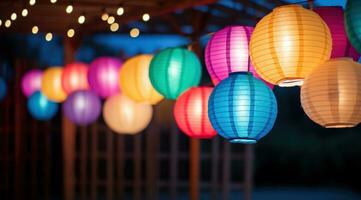 AI generated colorful paper lanterns hanged in trees photo