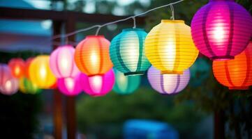 AI generated colorful paper lanterns hanged in trees photo