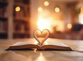 ai generado un alegre San Valentín día libro con corazón forma en el medio en parte superior de un de madera mesa foto