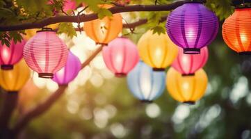 AI generated colorful paper lanterns hanged in trees photo