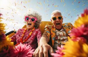 AI generated funny older couple laughing in car while wearing sunglasses photo
