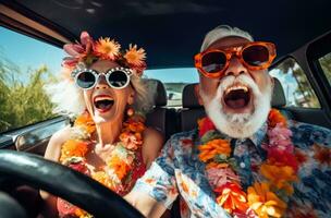 ai generado gracioso más viejo Pareja riendo en coche mientras vistiendo Gafas de sol foto