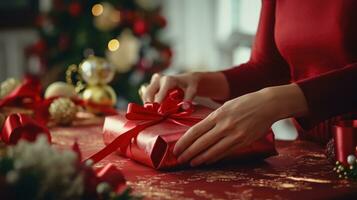 AI generated a hand opens a gift wrapping paper wrapped in red ribbon photo