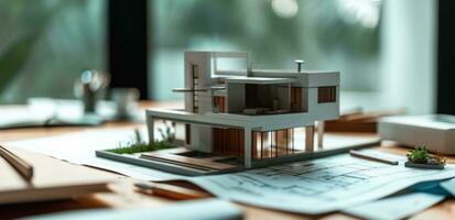 AI generated a set of house plans on a table with a model on the table photo