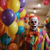 ai generado payaso en un fiesta con globos foto