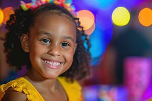 ai generado un joven niña sonrisas a un cumpleaños fiesta, foto