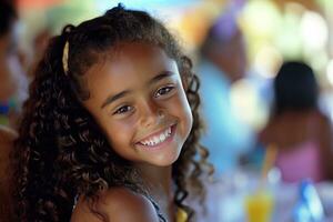 ai generado un joven niña sonrisas a un cumpleaños fiesta, foto