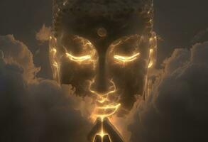 AI generated buddha in meditation on cloudy and beautiful photo