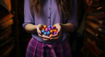 AI generated young woman holding colorful candy in her hands photo