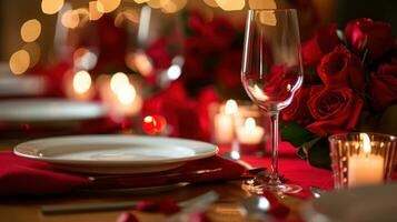 AI generated Red linens, elegant dinnerware, and romantic candlelight photo
