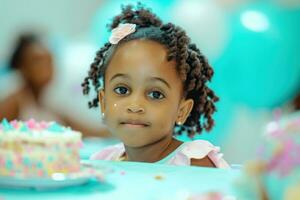 AI generated a little girl is sitting at a party table with a cake in her hand photo