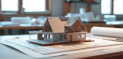 AI generated a model home sitting on a table with various architectural drawings, photo