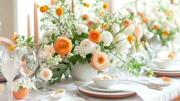 AI generated Elegant Easter Table Setting with Fresh Florals and Seasonal Centerpiece photo