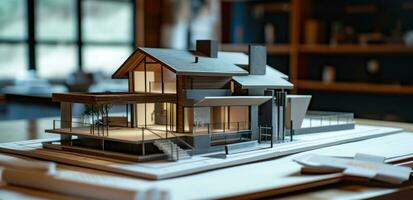 AI generated a model home sitting on a table with various architectural drawings, photo