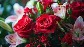 AI generated Bouquets of red roses, delicate lilies, and aromatic petals photo