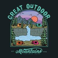 Mountain great outdoors. Explore More, vector mountain with sunset and river, mountain graphic artwork for t shirt and others. Mountain with tree retro vintage print design..