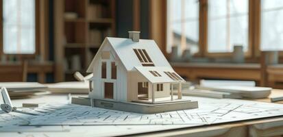 AI generated a model home sitting on a table with various architectural drawings, photo