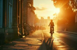 AI generated a lady riding a bike down a street at sunrise photo