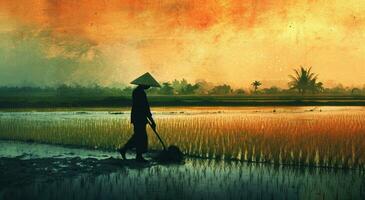 ai generado un hombre en un sombrero es arada el arroz campo a puesta de sol foto