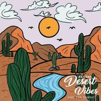 Arizona Desierto vibraciones aventuras Clásico impresión diseño para t camisa y otros. Arizona nacional parque gráfico obra de arte para pegatina, póster, antecedentes. montaña con cactus. sensación el puesta de sol. vector