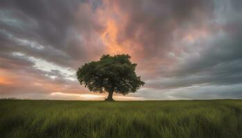 AI generated a lone tree stands in a field under a dramatic sky photo