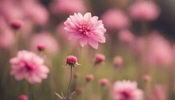 AI generated pink flowers in a field with blurry background photo