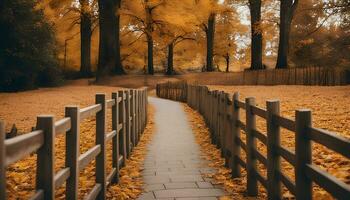 AI generated a wooden fence is in the middle of a path in the fall photo