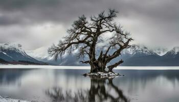 AI generated a lone tree in the middle of a lake photo