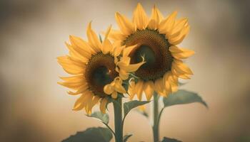 ai generado dos girasoles son mostrado en frente de un borroso antecedentes foto