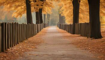 AI generated a pathway lined with trees and leaves in the fall photo