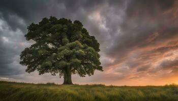 ai generado un solitario árbol soportes en un campo debajo un dramático cielo foto