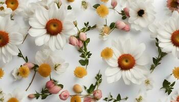 AI generated white daisies and yellow flowers on a white background photo