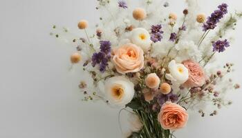 ai generado un ramo de flores de flores es mostrado en un blanco antecedentes foto