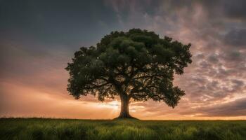 ai generado un solitario árbol soportes en un campo a puesta de sol foto