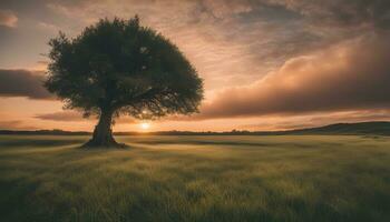 ai generado un solitario árbol soportes en un campo a puesta de sol foto