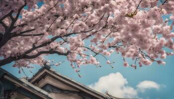 AI generated a cherry blossom tree is in bloom in front of a building photo